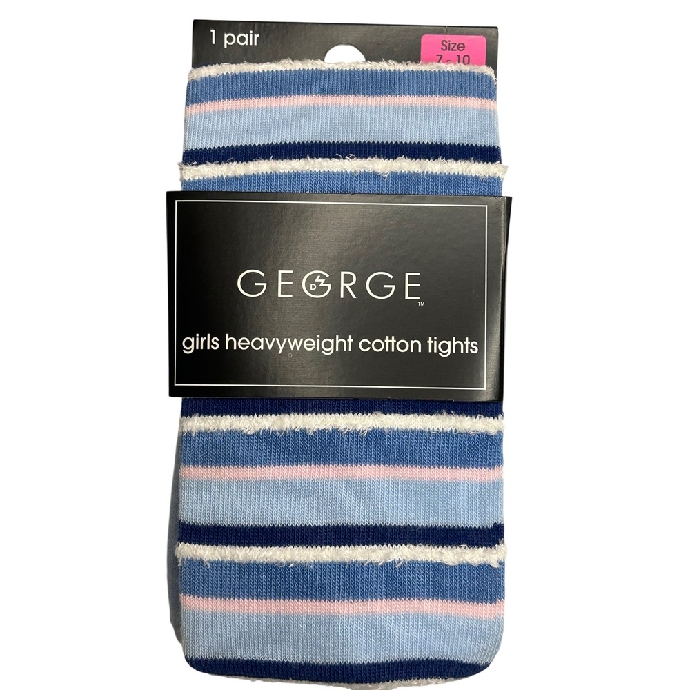 George Girls Heavyweight Cotton Tights Striped Blue Pink White Size‎ 7-10